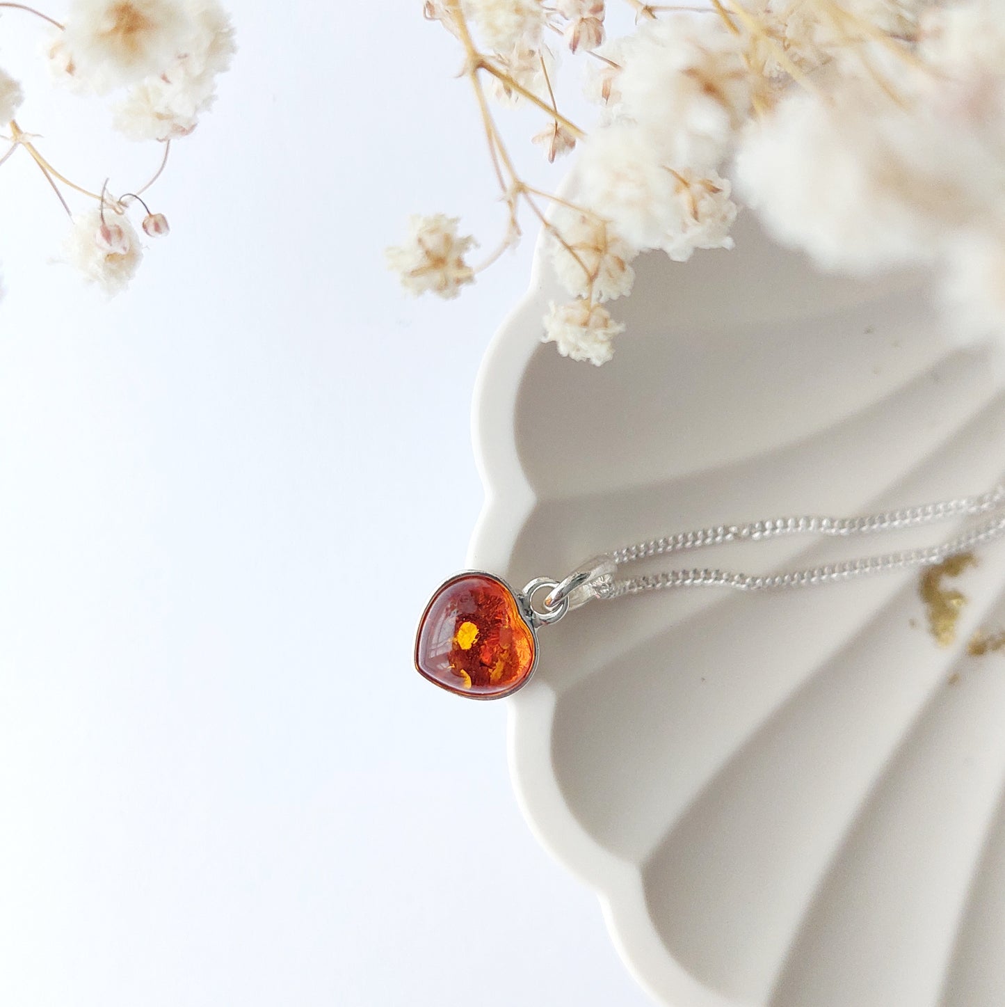 Silver Heart Pendant with Baltic Amber, Minimalist Jewelry, Delicate Love Symbol, Unique Gift for Her, Romantic Silver Necklace