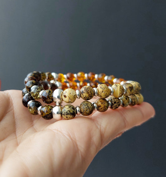 Double Beaded natural Amber bracelet for Men with Sterling Silver  Exclusive Baltic gemstone bracelet