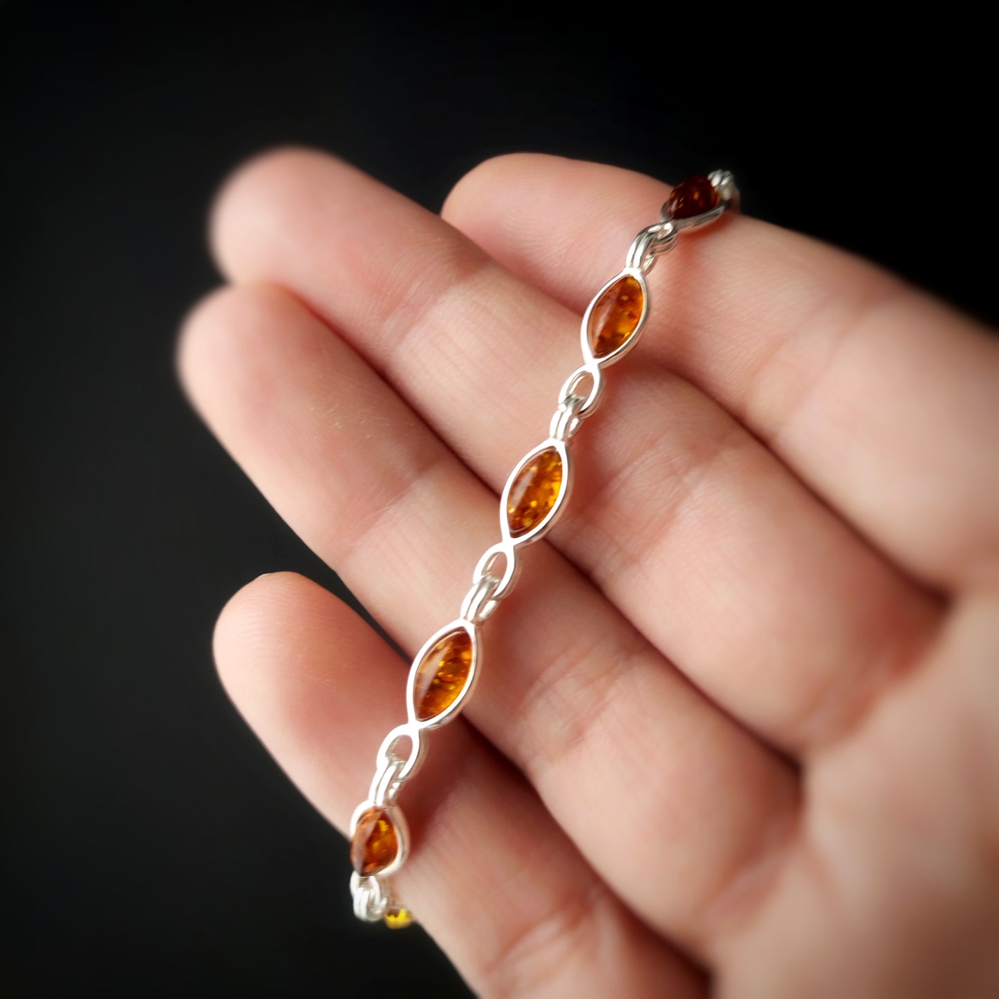 	
Cognac Amber bracelet, silver bracelet with natural Baltic amber, gemstone bracelet, link chain bracelet, best friend gifts, dainty bracelet