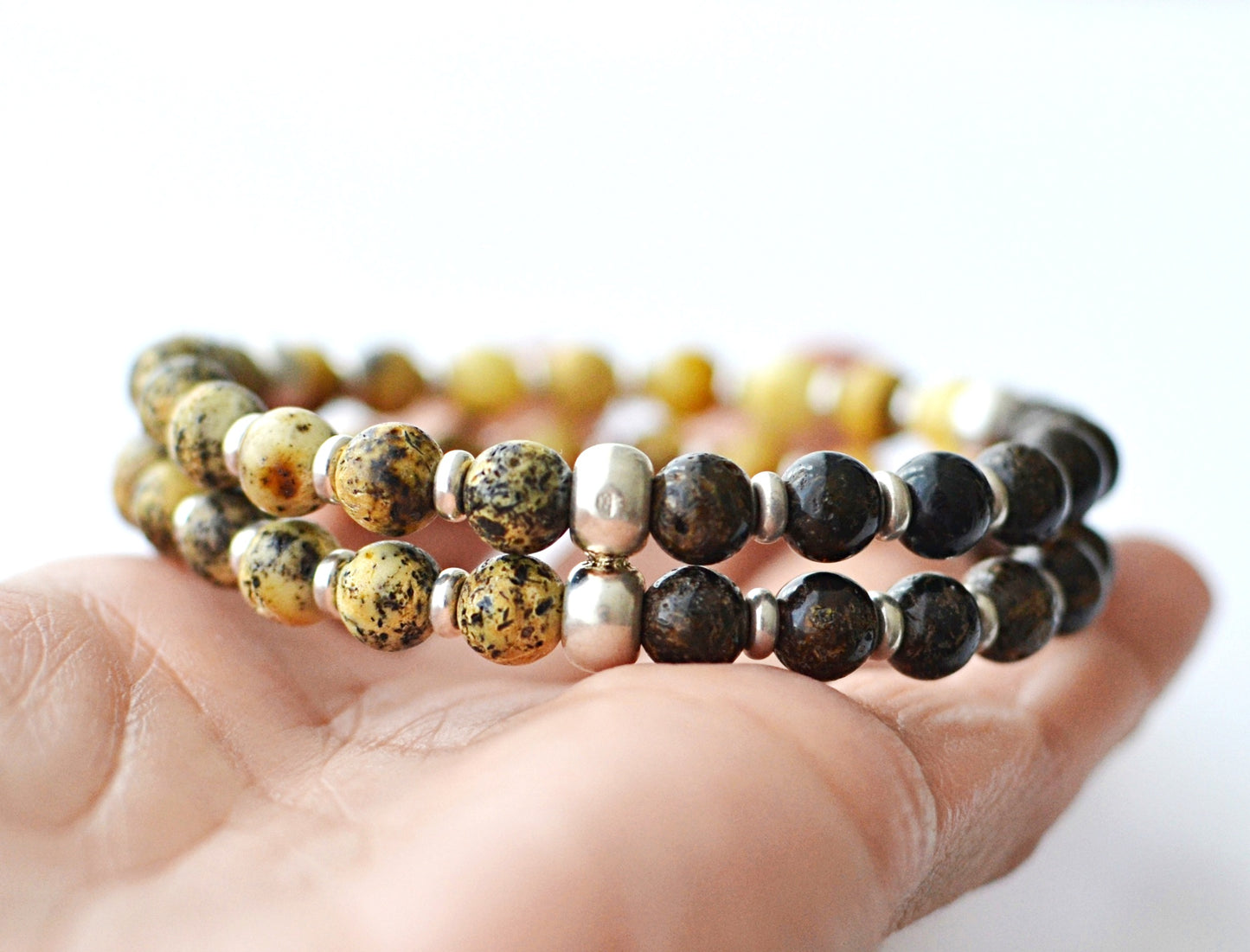 Double Beaded natural amber beads bracelet for Men