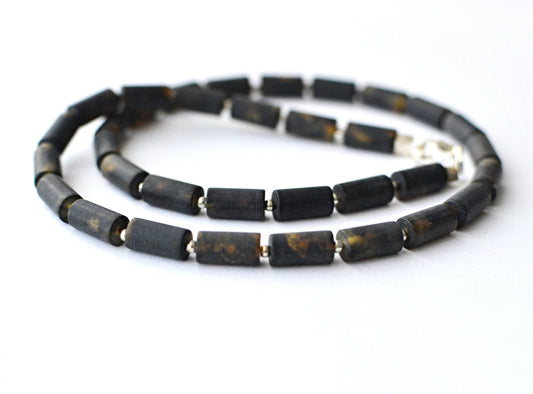 Black Amber Mens Necklace with Silver
