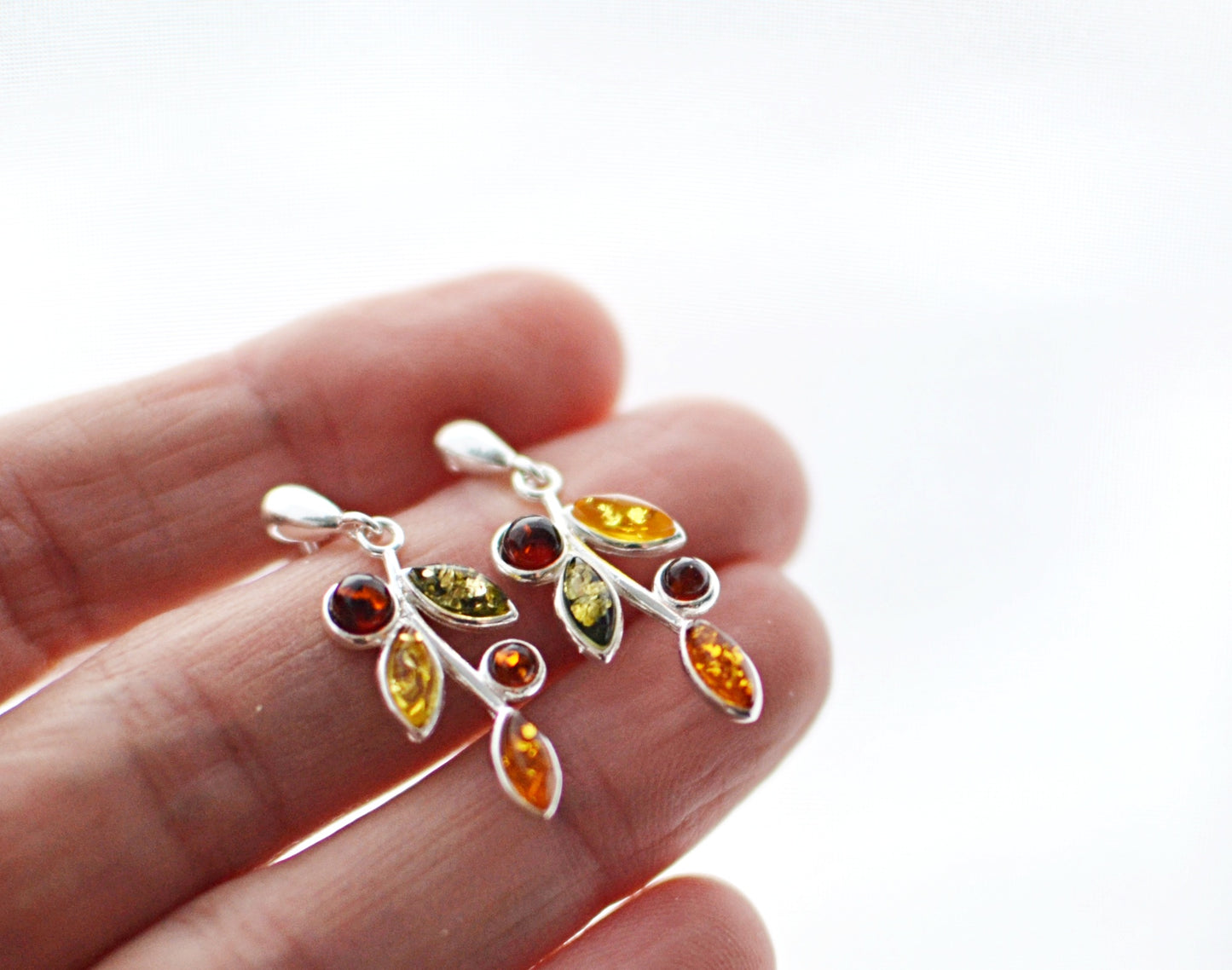 Colorful Leaf Amber Stud Earrings