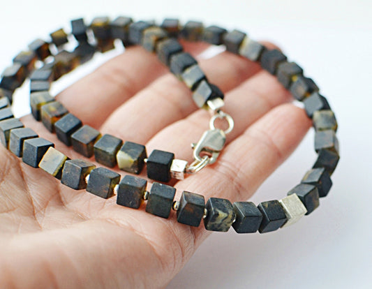 Black Amber Cube Necklace with Silver