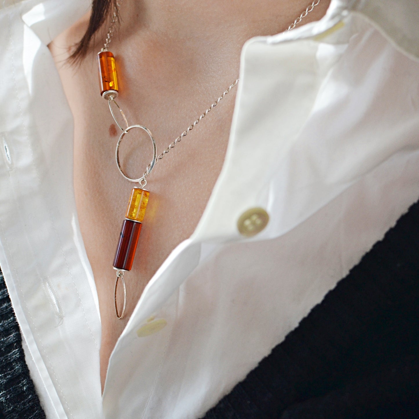 Silver Y-shape lariat chain necklace with amber, drop amber necklace with silver