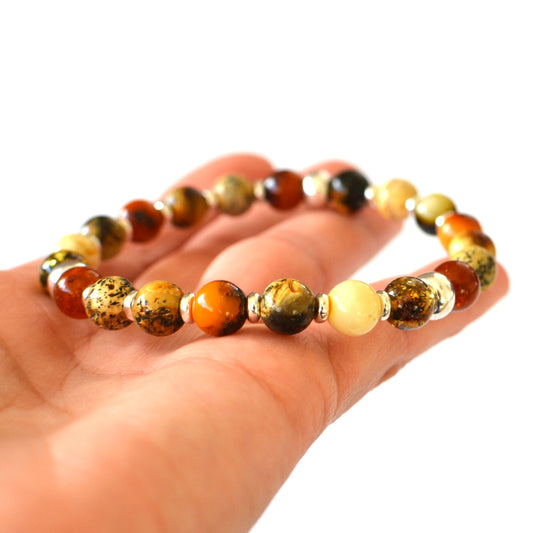 Natural Amber beads mens sterling silver bracelet
