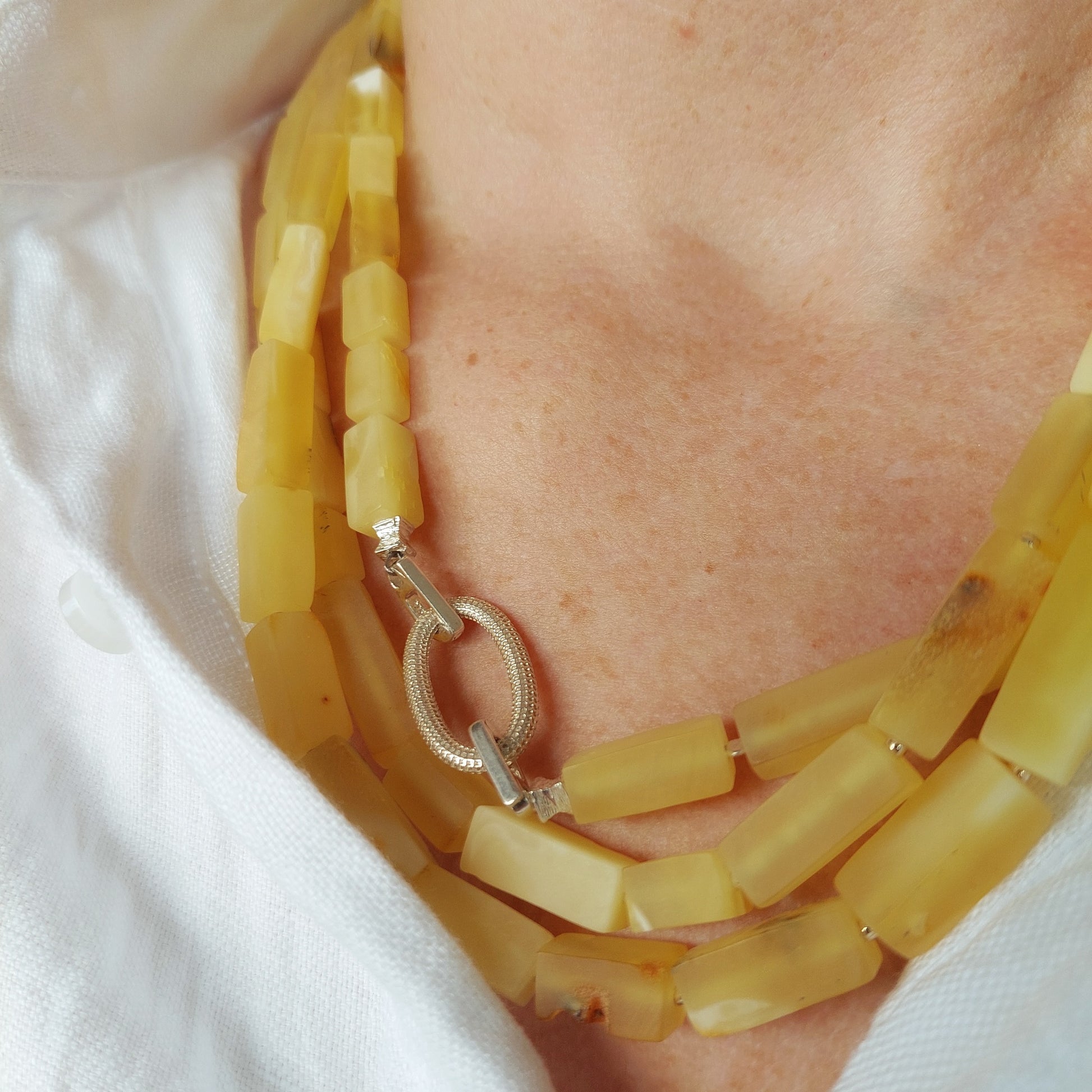 Long Modern Necklace with Matte Baltic Amber and 925 Silver Elements