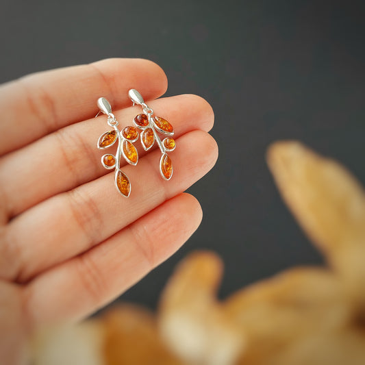 Natural Amber Earrings, Leaf Sterling Silver Stud Earrings, Silver drop Amber Earrings, Leaf dangle Earrings, amber jewelry, gift for mom