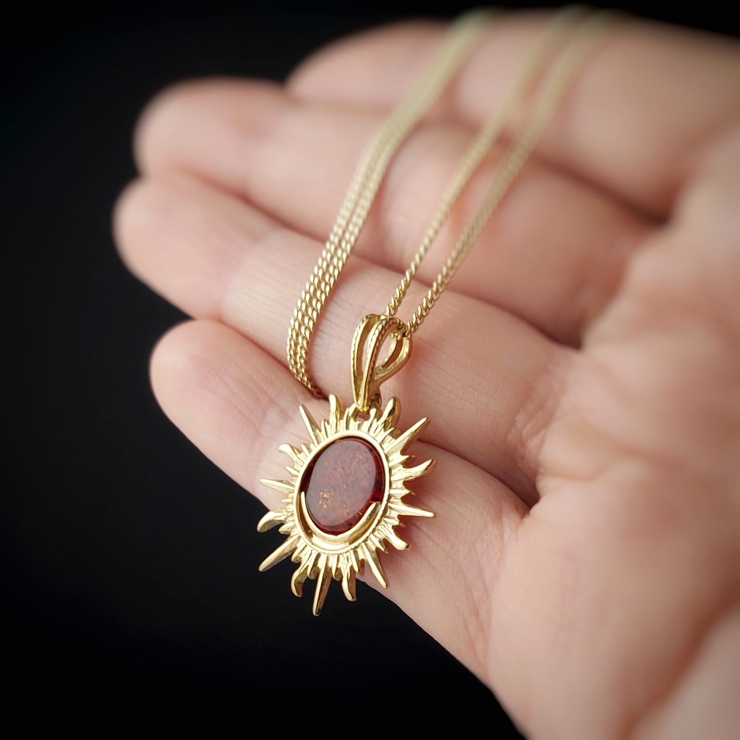 Gold Sun Pendant Necklace – Genuine Amber Jewelry, Celestial Sunburst Charm, Unique Handmade Gift for Her, Summer Sun Jewelry