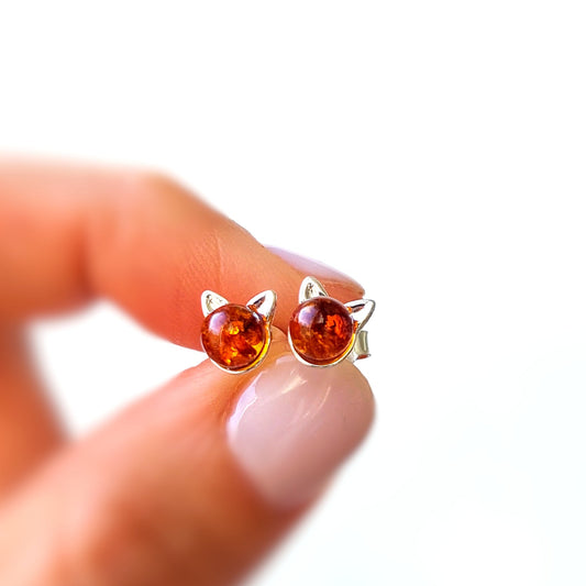 Silver Cat Stud Earrings with Baltic Amber – Cute, Minimalist Gift for Cat Lovers