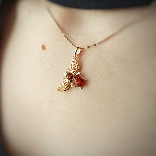 Natural Amber Gold Bee Necklace, Bee Jewelry in Sterling Silver and 24ct Gold Plate