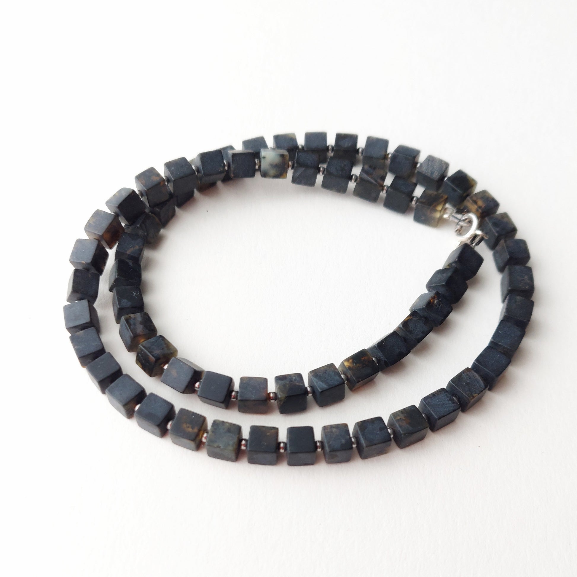 Dainty Black Amber Cube Necklace with Silver