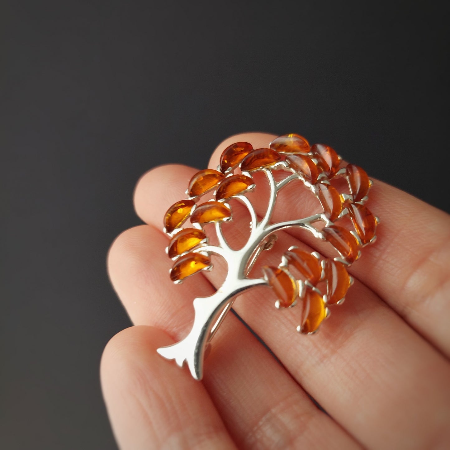 Tree Of Life Amber Brooch. Sterling Silver Gemstone Brooch. Lucky Tree Gift For Her. Family Tree Jewelry, Mom Grandma Gift. Silver pin.