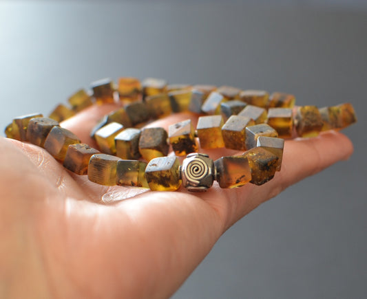 Raw Amber Cube Necklace with Silver