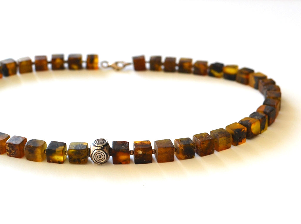 Raw Amber Cube Necklace with Silver