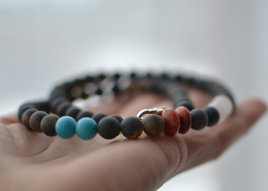 Black Amber Necklace with Coral & Turquoise