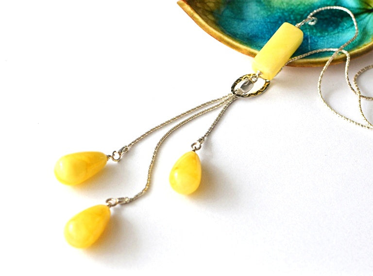 Long Sterling Silver Necklace with Yellow Amber