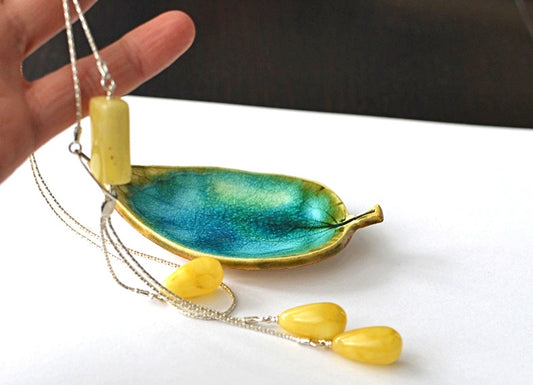 Long Sterling Silver Necklace with Yellow Amber