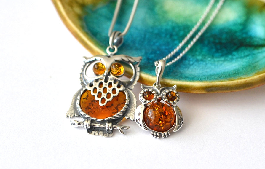 Owl Amber and Silver Necklace