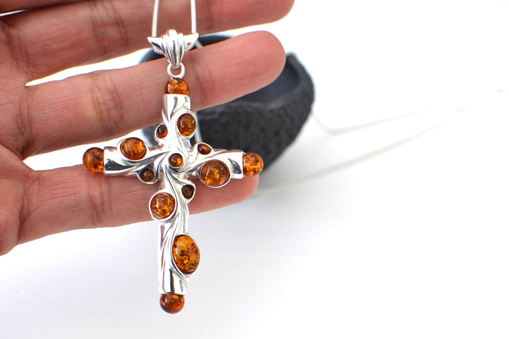 Sterling Silver Amber Cross Necklace