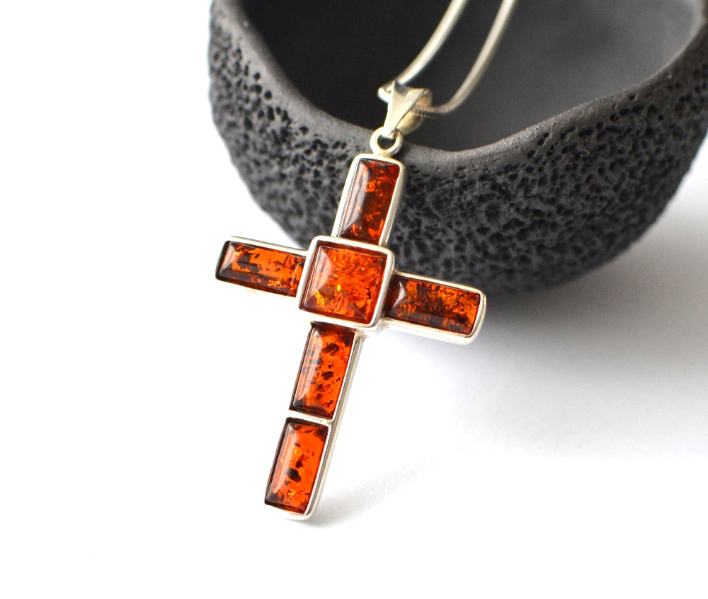 Amber Silver Cross Necklace