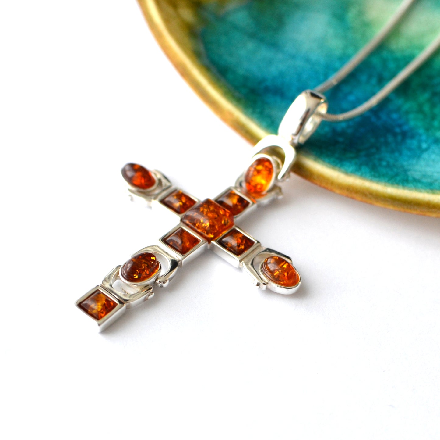 Cognac Amber Cross Necklace with Silver