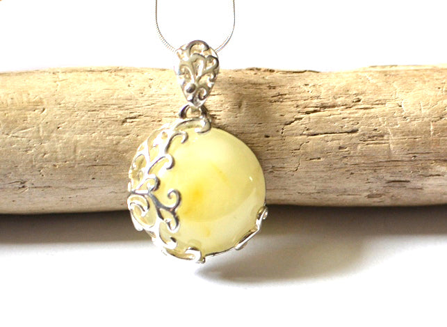 White Amber Silver Pendant Necklace