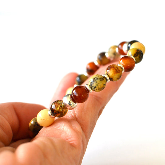 Natural Amber beads mens sterling silver bracelet