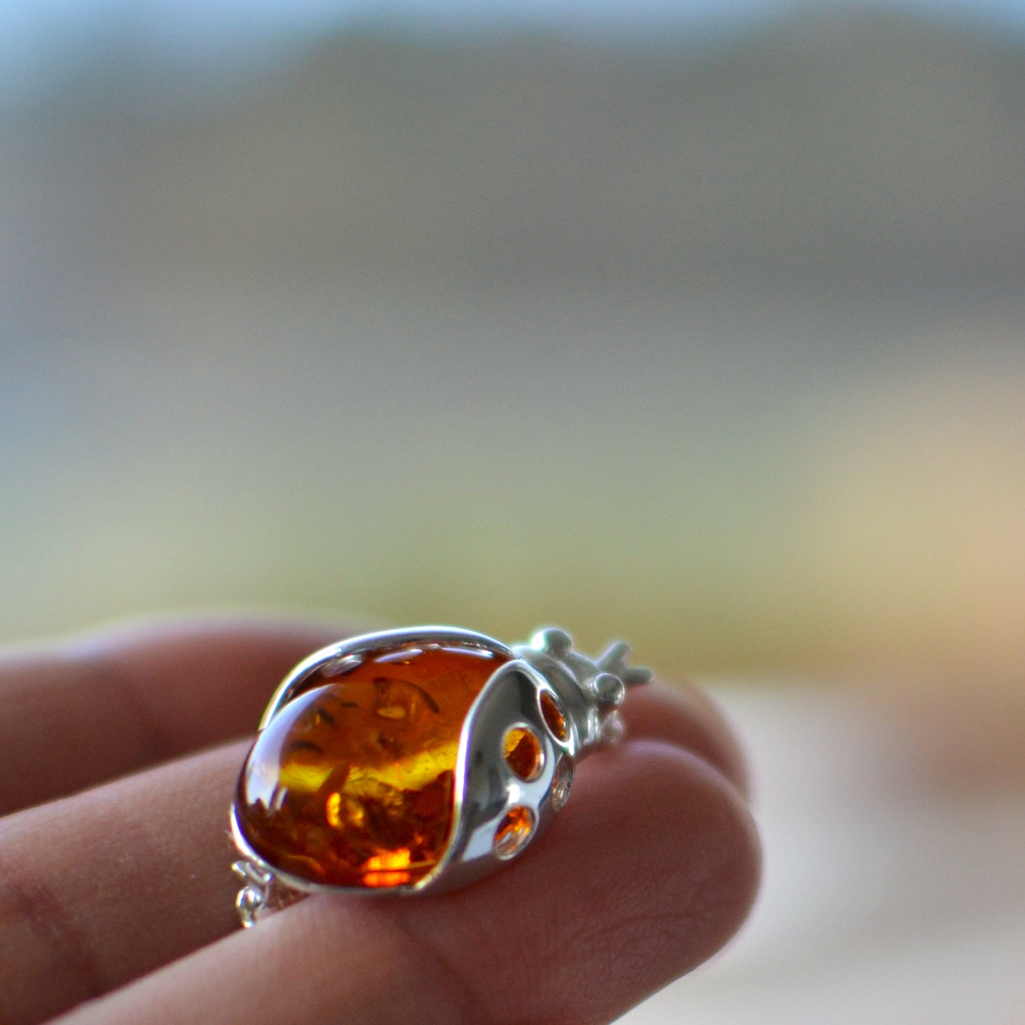 Ladybug Sterling Silver Brooch with Amber