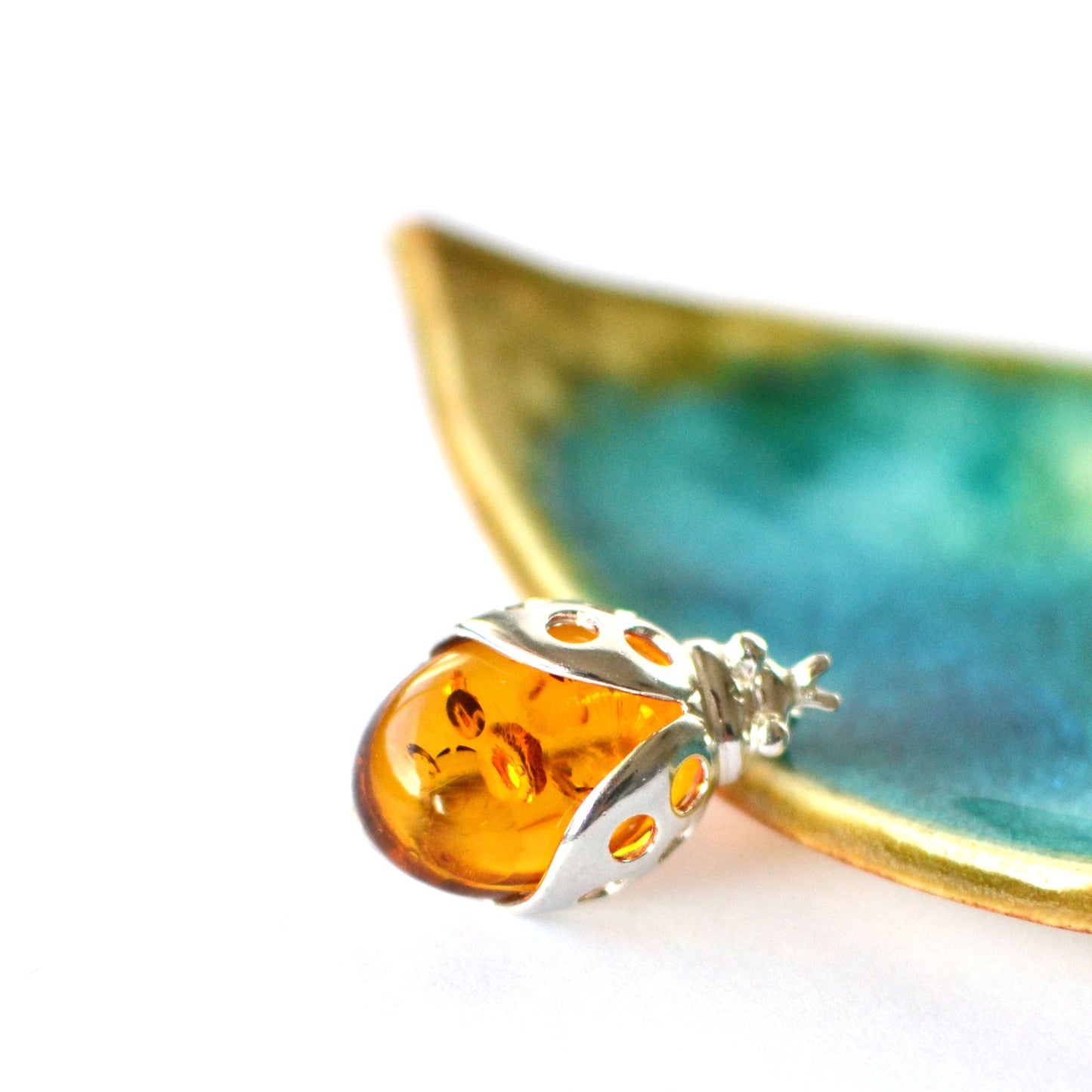 Ladybug Sterling Silver Brooch with Amber