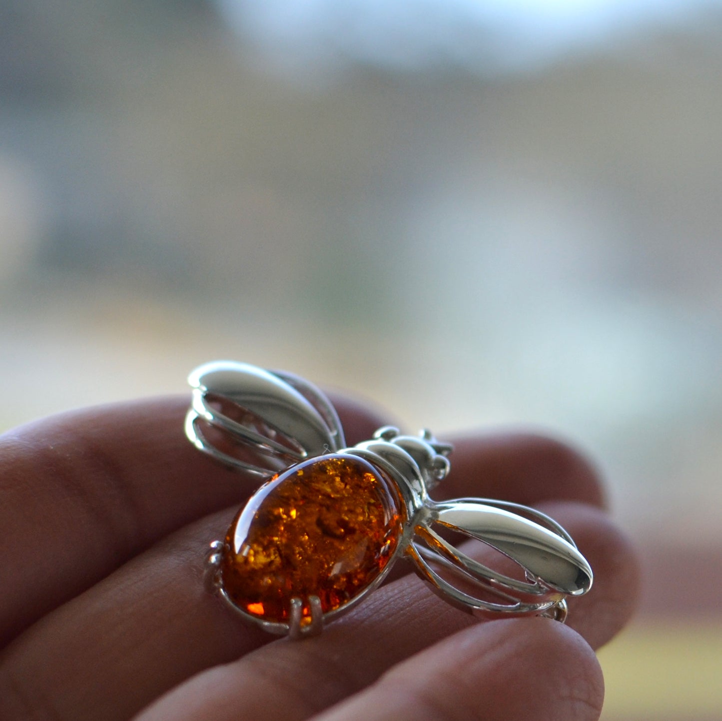 Amber Sterling Silver Bee Pin