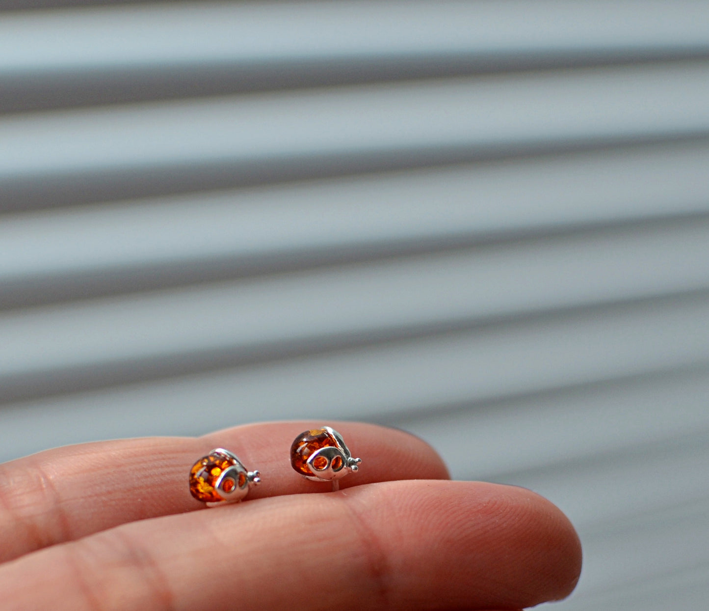 Tiny Amber Ladybug Stud Earrings