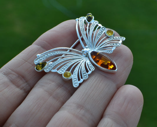 Amber Silver Butterfly Pin Brooch