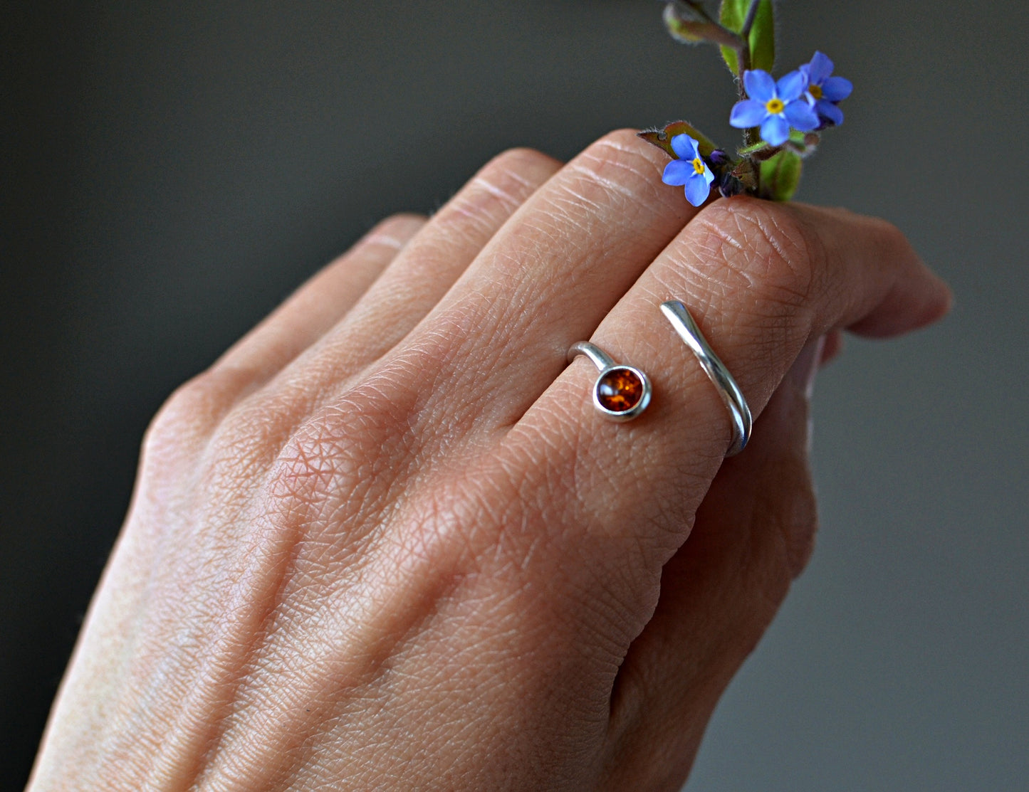 Open Baltic Amber Ring with Silver