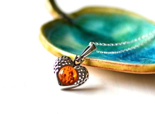 Silver Heart Necklace with Amber