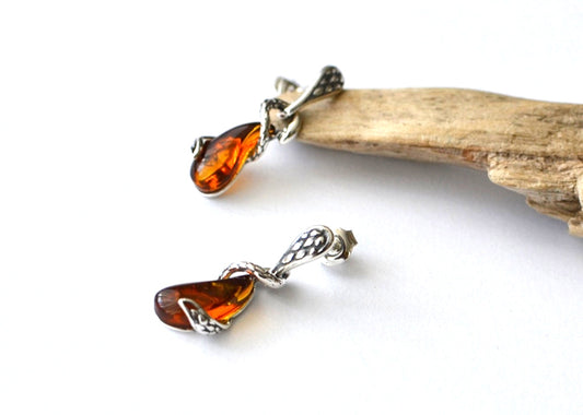 Silver Snake Amber Earrings