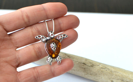 Amber Silver Turtle Necklace