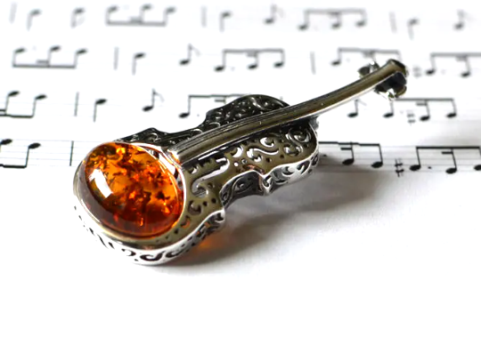 Violin Sterling Silver Brooch with Amber