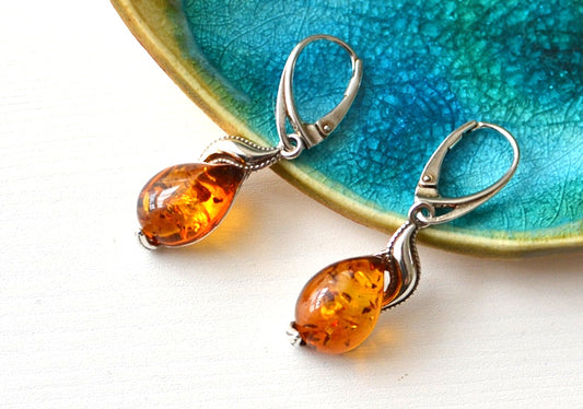 Silver Dangle Amber Earrings