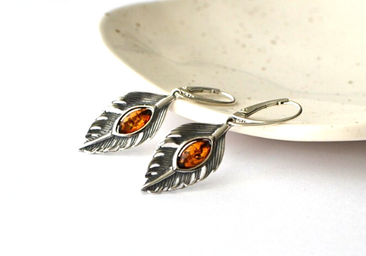 Silver Feather Necklace with Amber Earrings