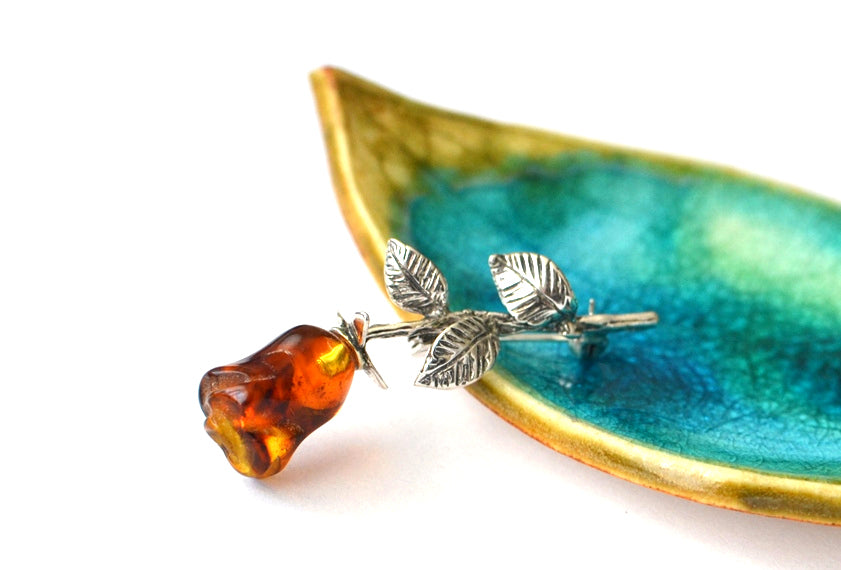 Silver Rose Brooch with Amber