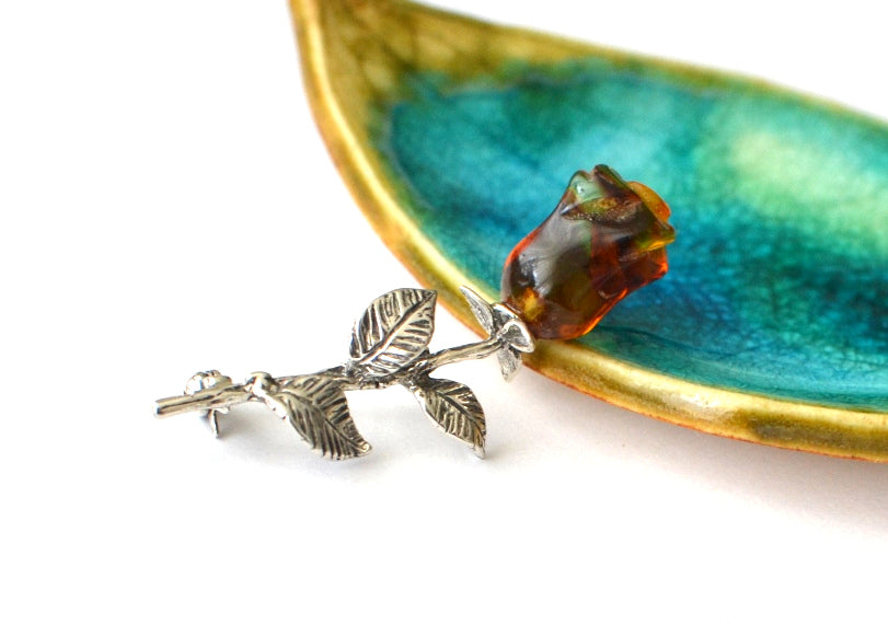 Silver Rose Brooch with Amber
