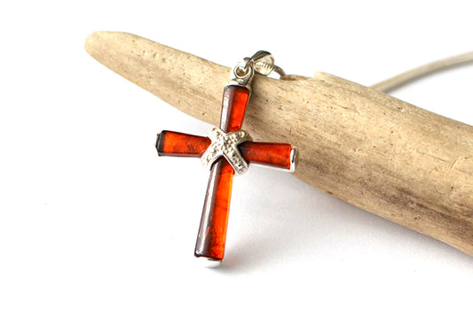 Cross Amber Pendant Necklace