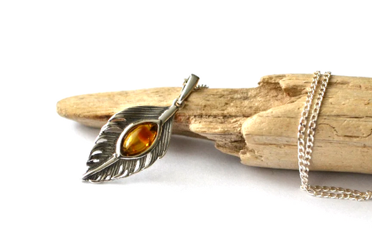 Silver Feather Necklace with Amber