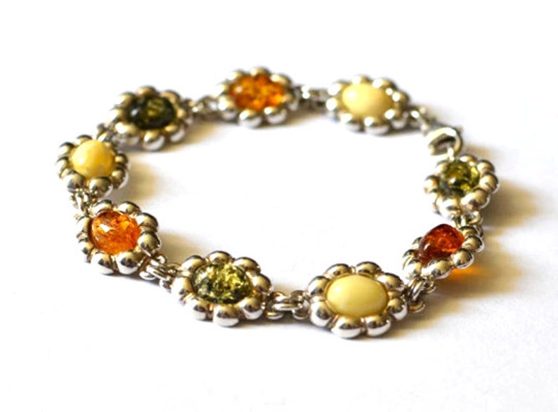 Floral Colorful Amber Bracelet with Silver
