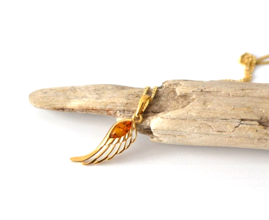 Dainty Gold Feather Amber Necklace