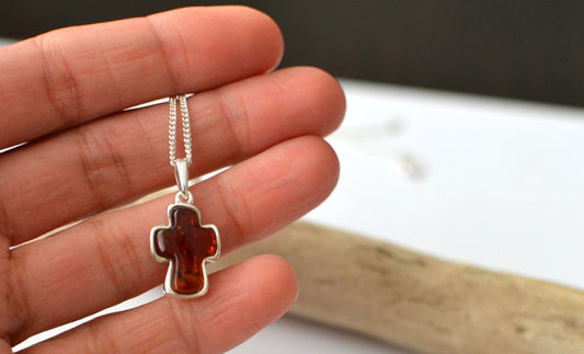 Tiny Amber Cross Necklace