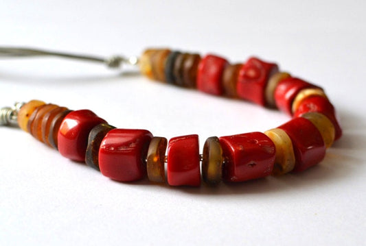 Raw Amber Necklace with Coral