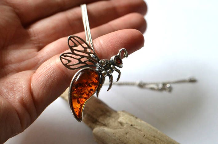 Amber Silver Bee Necklace
