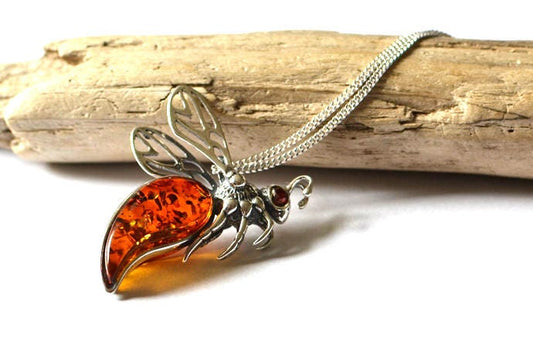 Amber Silver Bee Necklace
