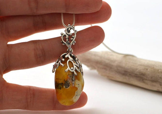 Silver Pendant Necklace with Amber